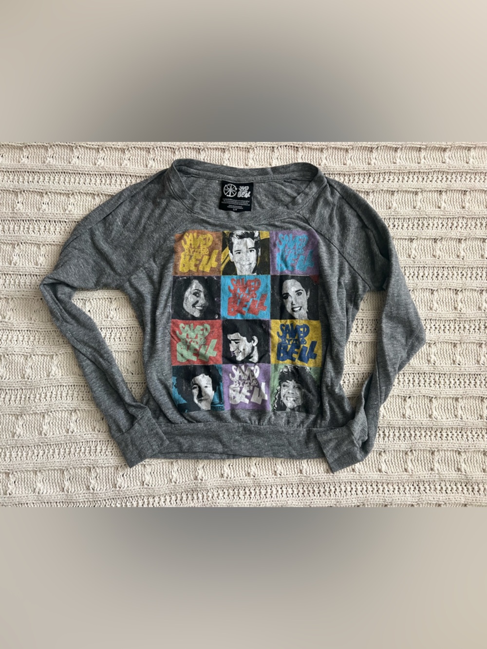 Recycled Karma Women's Gray Graphic Sweater with Multicolor Pop Art Panels